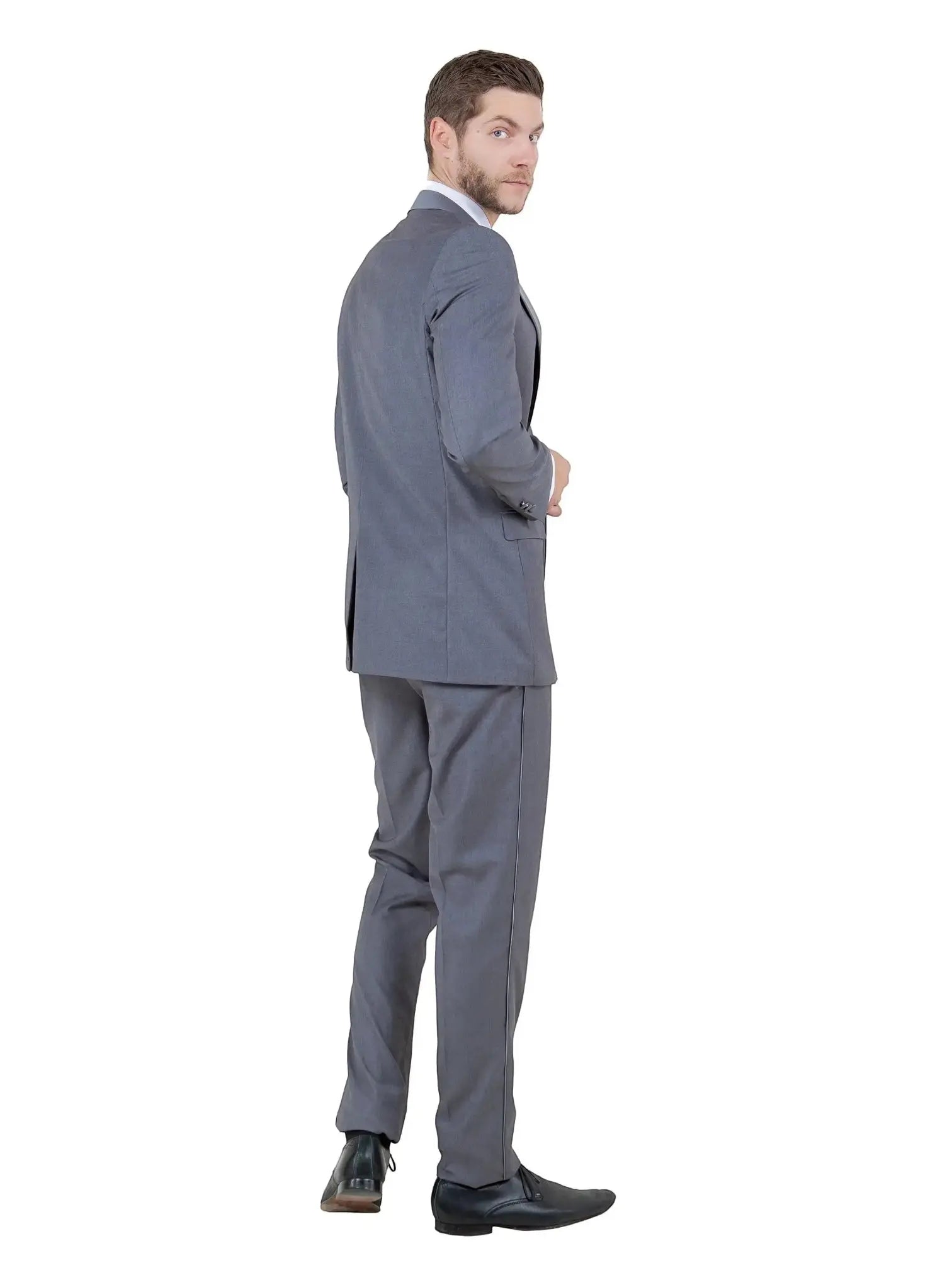 M & R Clothing Bryan Michaels grey tailored tuxedo jacket worn by a man looking over his shoulder, back view