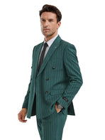 Model wearing a M & R Clothing hunter green pinstripe double-breasted slim fit suit with peak lapels.