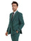 Model wearing a M & R Clothing hunter green pinstripe double-breasted slim fit suit with peak lapels.