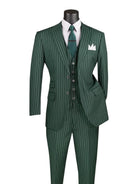 M & R Clothing hunter green 3-piece regular fit suit with bold white pinstripes, vest, and matching tie.