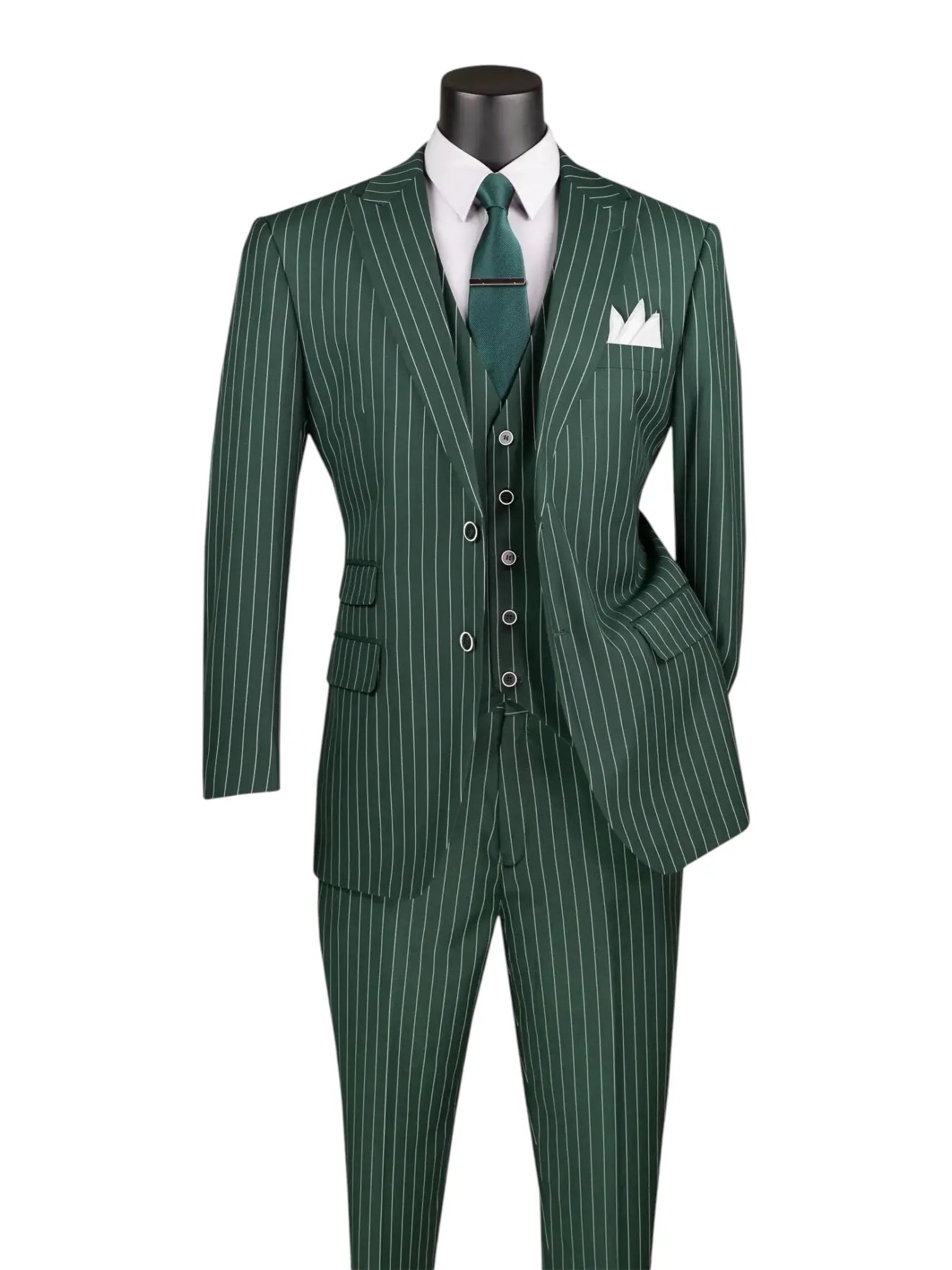M & R Clothing hunter green 3-piece regular fit suit with bold white pinstripes, vest, and matching tie.
