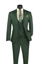 M & R Clothing hunter green 3-piece slim fit plaid suit with double-breasted vest, lapel pin, and paisley tie.