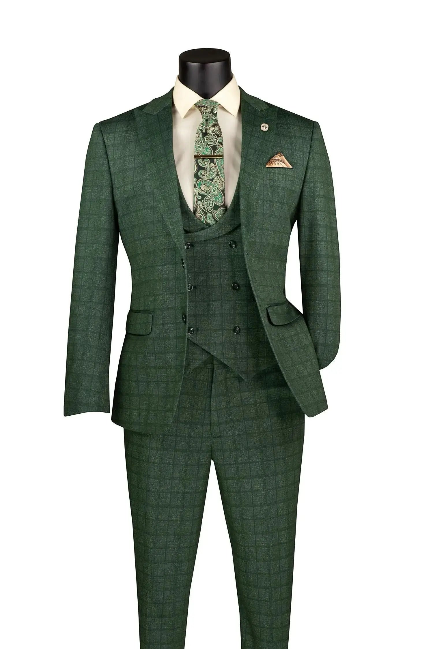 M & R Clothing hunter green 3-piece slim fit plaid suit with double-breasted vest, lapel pin, and paisley tie.