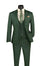 M & R Clothing hunter green 3-piece slim fit plaid suit with double-breasted vest, lapel pin, and paisley tie.