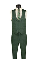 M & R Clothing hunter green plaid 3-piece slim fit suit featuring a double-breasted vest with lapel and paisley tie.