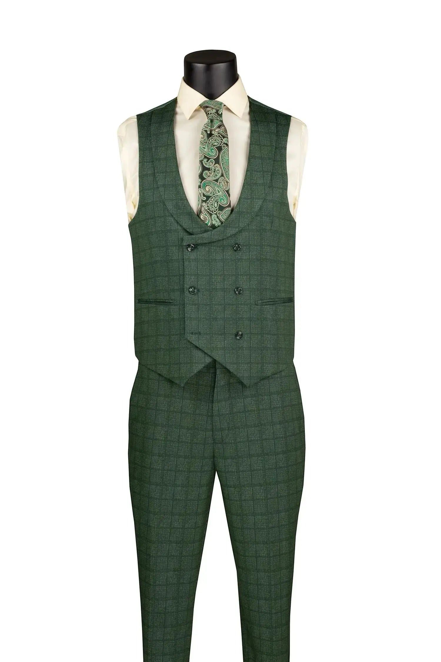 M & R Clothing hunter green plaid 3-piece slim fit suit featuring a double-breasted vest with lapel and paisley tie.