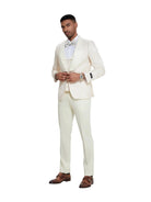 M & R Clothing ivory 3-piece floral jacquard tuxedo with satin shawl lapel and matching waistcoat on a male model