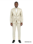 M & R Clothing 3-piece ivory chained sequin tuxedo suit with satin shawl collar, vest, and matching bowtie on a model