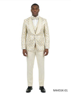 M & R Clothing 3-piece ivory chained sequin tuxedo suit with satin shawl collar, vest, and matching bowtie on a model