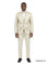 M & R Clothing 3-piece ivory chained sequin tuxedo suit with satin shawl collar, vest, and matching bowtie on a model