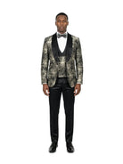 M & R Clothing 3-piece skinny fit tuxedo with a floral jacquard jacket, double-breasted vest, and satin shawl collar.
