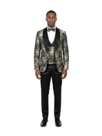 M & R Clothing 3-piece skinny fit tuxedo with a floral jacquard jacket, double-breasted vest, and satin shawl collar.