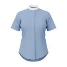 M & R Clothing light blue short sleeve clergy shirt for women featuring a traditional white full Roman collar.
