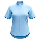 M & R Clothing light blue short sleeve clergy shirt for women with a classic tab collar and polished silhouette.