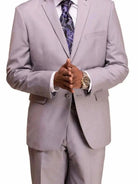 M & R Clothing light grey 2-piece men's suit with a patterned tie and wristwatch for formal occasions.