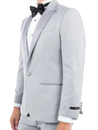 M & R Clothing light grey tailored-fit tuxedo jacket featuring a satin peak lapel and single-button closure