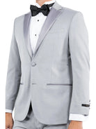 M & R Clothing light grey tailored-fit tuxedo jacket with satin notch lapel, worn with a white shirt and bow tie.
