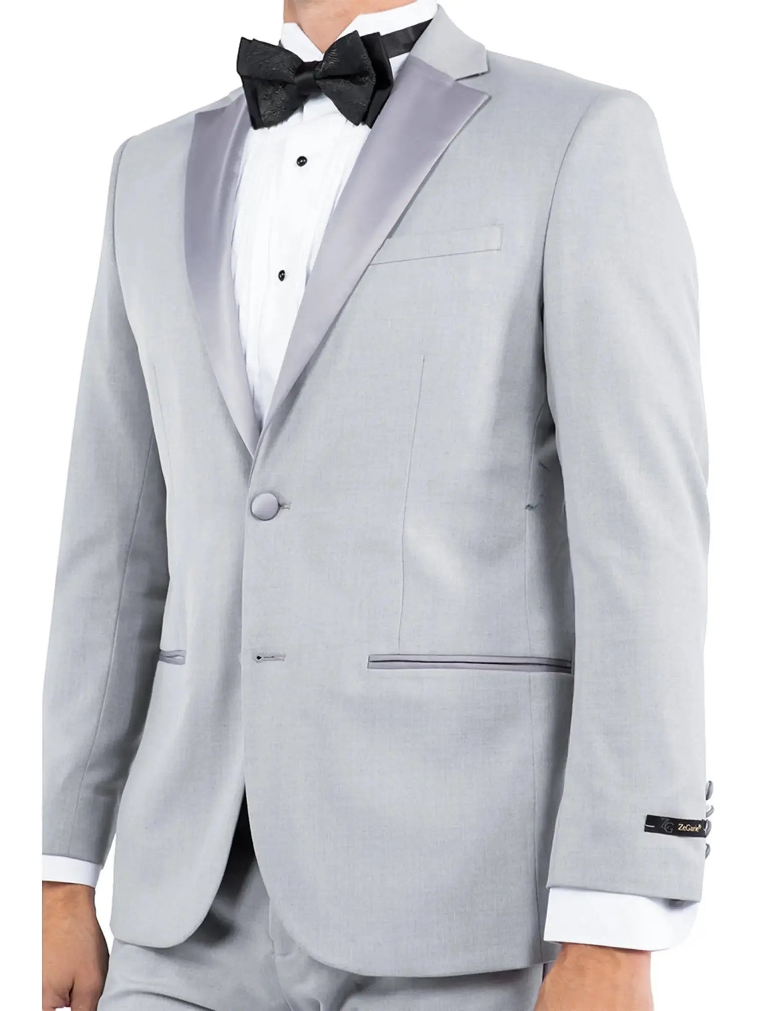 M & R Clothing light grey tailored-fit tuxedo jacket with satin notch lapel, worn with a white shirt and bow tie.