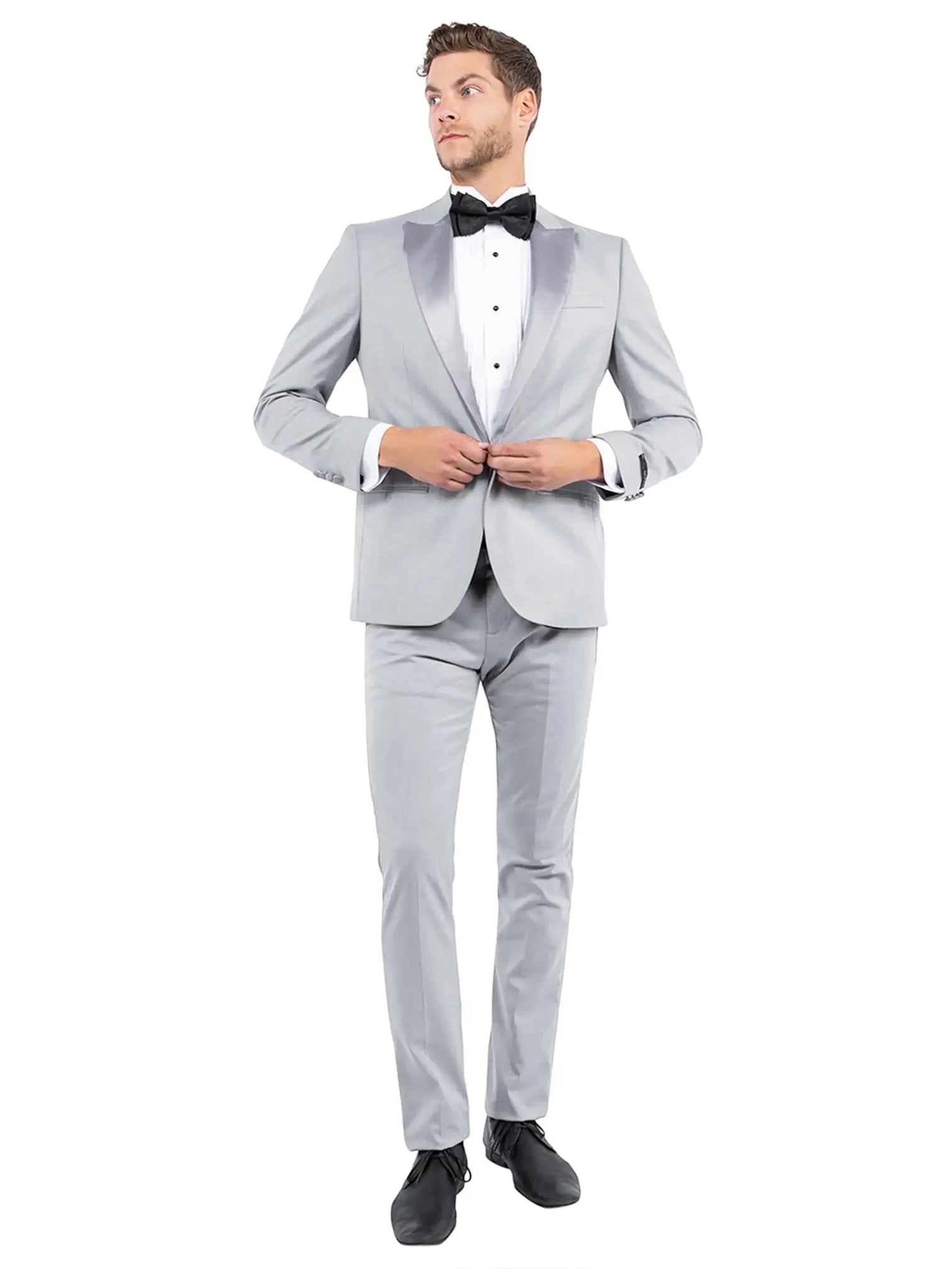 M & R Clothing light grey tailored-fit tuxedo jacket with satin peak lapels worn by a model with a black bow tie