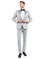 M & R Clothing light grey tailored-fit tuxedo jacket with satin peak lapels worn by a model with a black bow tie