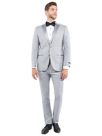 M & R Clothing light grey tailored-fit tuxedo jacket with satin notch lapel worn by a model with a black bow tie