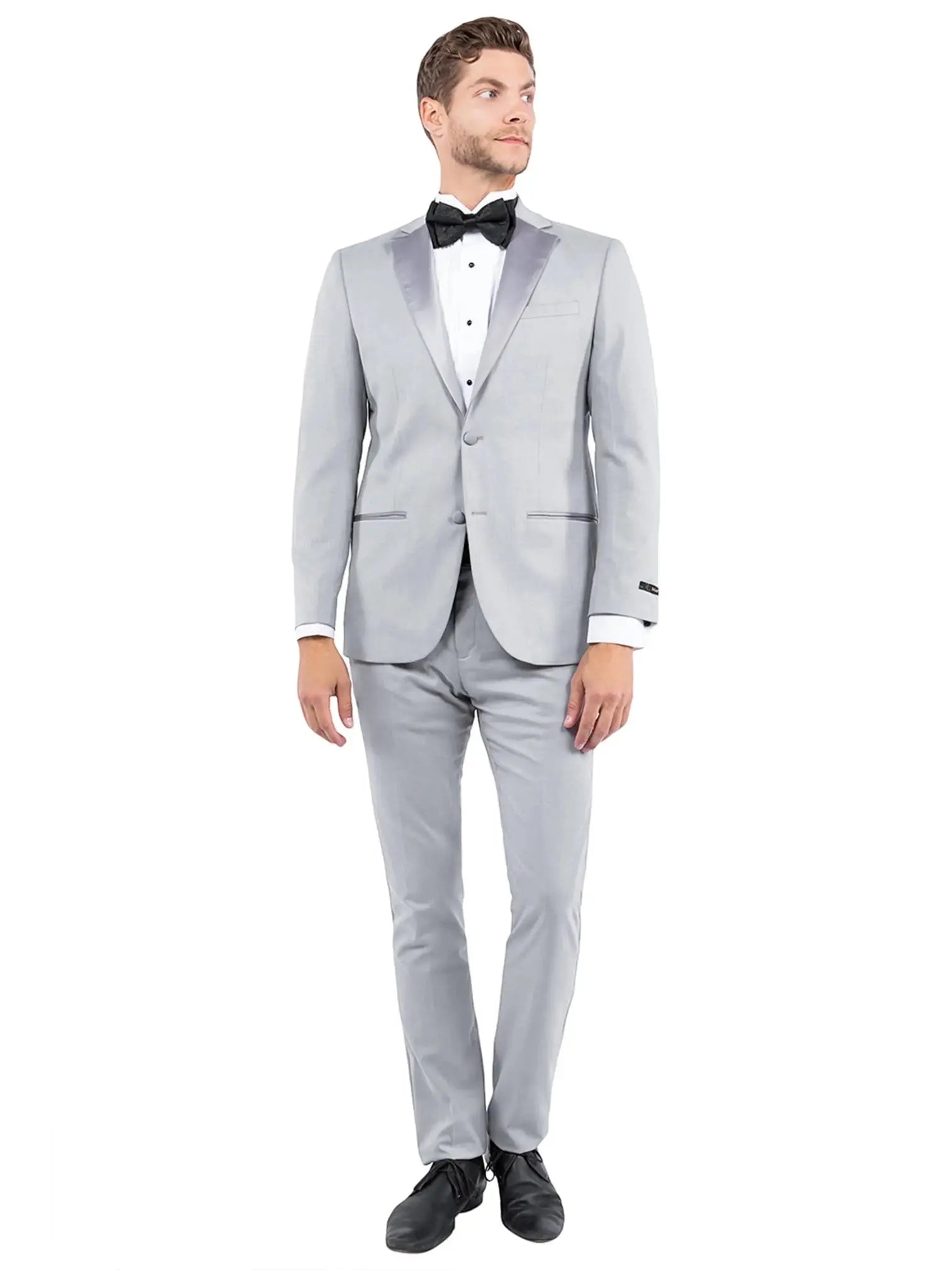M & R Clothing light grey tailored-fit tuxedo jacket with satin notch lapel worn by a model with a black bow tie