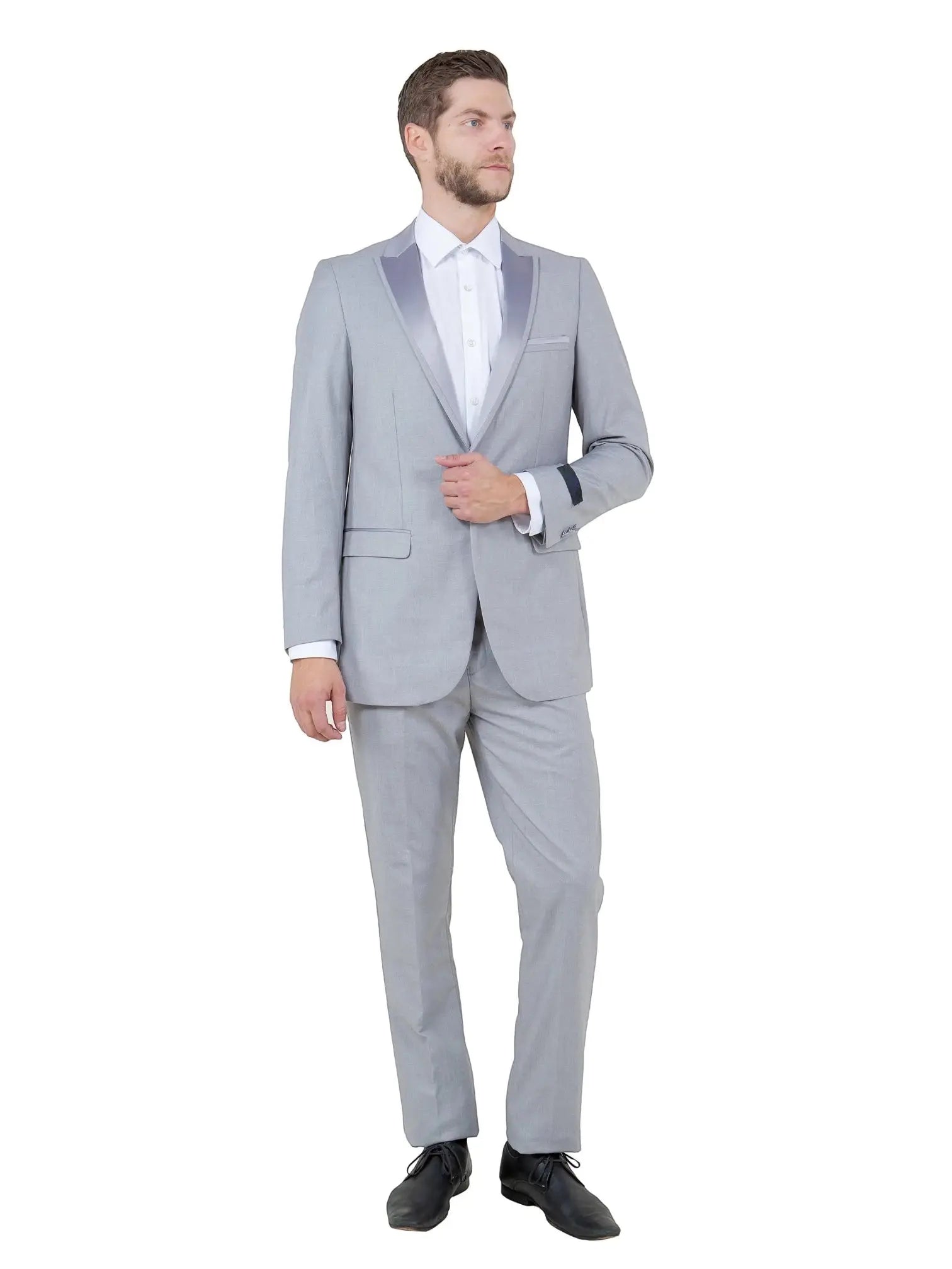 M & R Clothing Bryan Michaels light grey tuxedo with a single-button closure and satin peak lapel worn by a model.