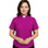 Woman wearing a magenta M & R Clothing short sleeve clergy shirt with a classic white tab collar on a white background