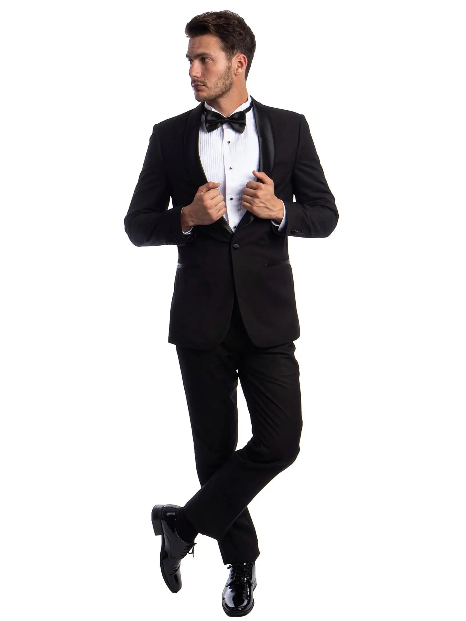 M & R Clothing men's black 2-piece tuxedo with satin shawl collar, white dress shirt, and black bow tie.