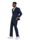 M & R Clothing navy double breasted suit with peak lapel and gold buttons worn by a man in white sneakers