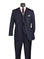 M & R Clothing navy pinstripe 3-piece suit with vest, pink shirt, and patterned tie on a mannequin