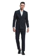 M & R Clothing navy pinstripe slim fit double-breasted suit worn by a model with a white shirt and black dress shoes.