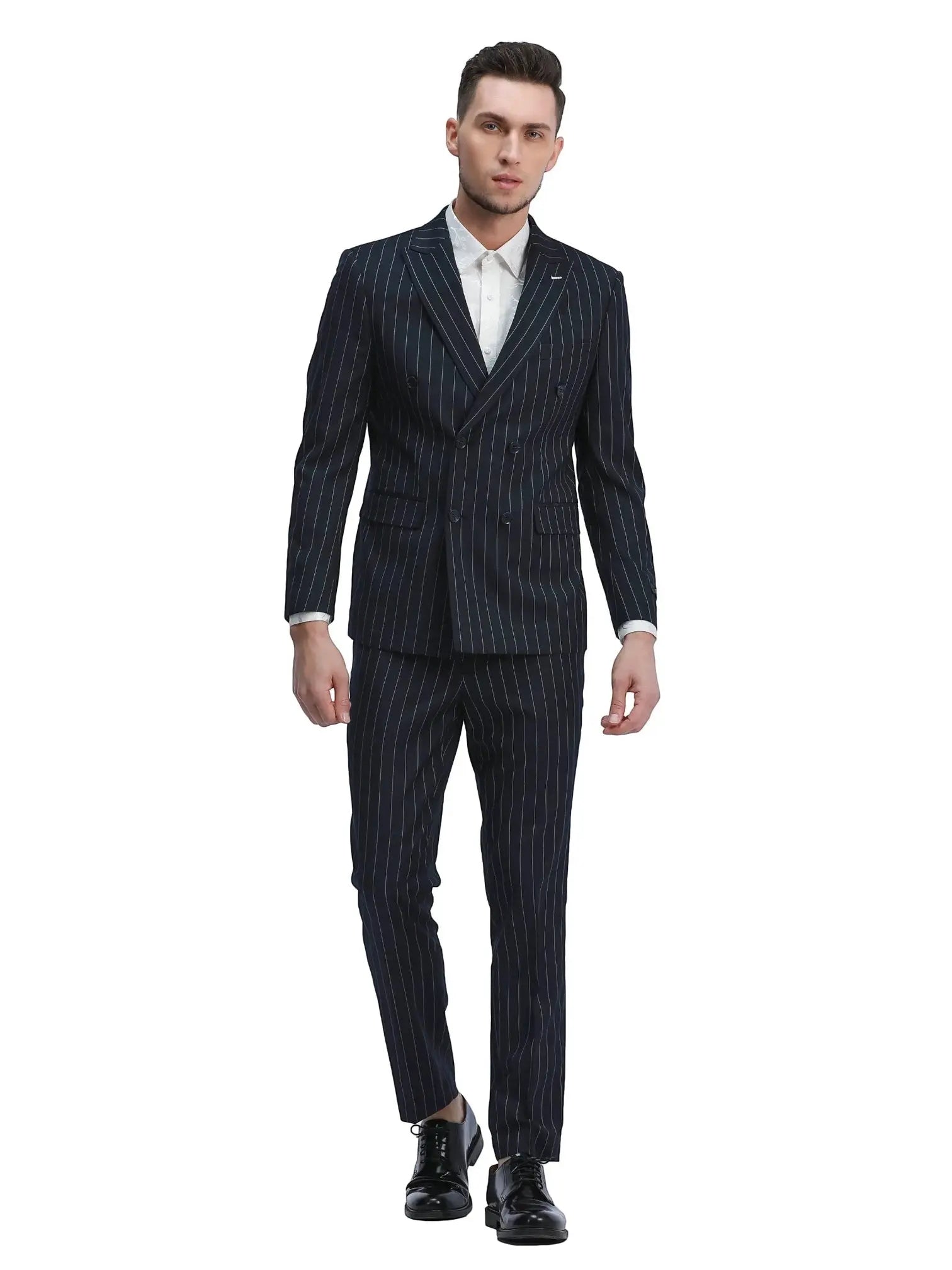 M & R Clothing navy pinstripe slim fit double-breasted suit worn by a model with a white shirt and black dress shoes.