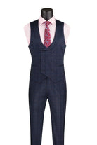 M & R Clothing navy plaid 3-piece slim fit suit featuring a double-breasted vest with lapel and matching trousers.