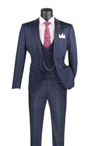 M & R Clothing navy blue 3-piece slim fit plaid suit with double-breasted vest, lapel pin, and pink dress shirt.