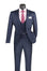 M & R Clothing navy blue 3-piece slim fit plaid suit with double-breasted vest, lapel pin, and pink dress shirt.