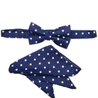 M & R Clothing Stacy Adams navy blue pre-tied bow tie and matching pocket square set with white polka dot pattern