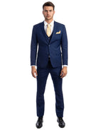 Model wearing a navy blue M & R Clothing skinny-fit 3-piece suit with a patterned yellow tie and pocket square.