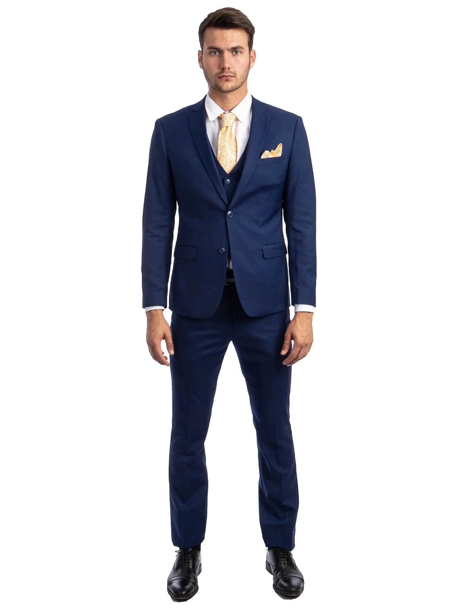 Model wearing a navy blue M & R Clothing skinny-fit 3-piece suit with a patterned yellow tie and pocket square.