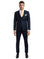 A man wearing a M & R Clothing navy blue skinny-fit 3-piece suit with a white shirt, yellow tie, and black shoes.