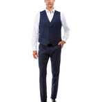 Model wearing a M & R Clothing navy blue single-breasted suit vest over a white dress shirt and matching trousers.