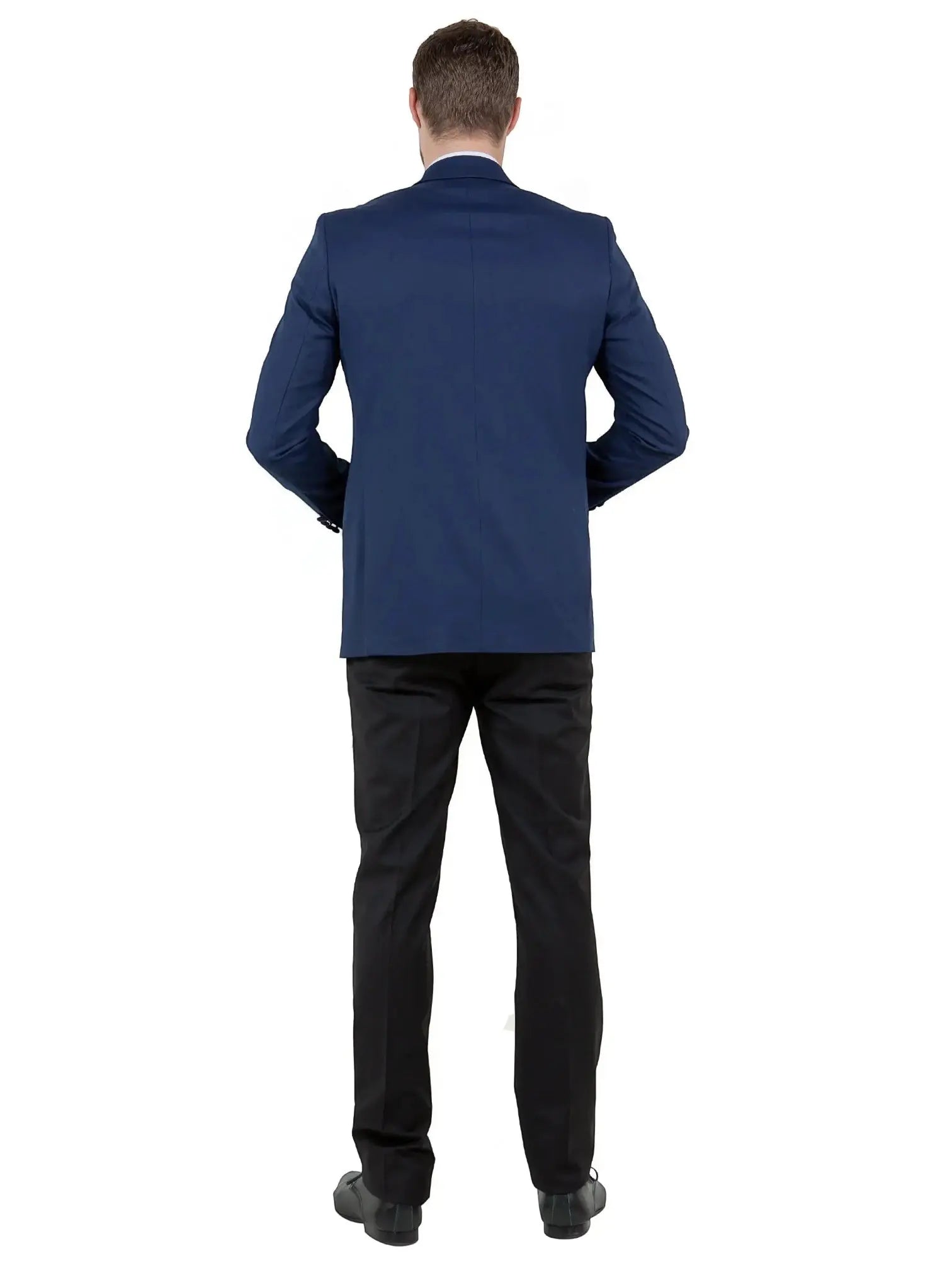 Back view of a man wearing a M & R Clothing navy tailored-fit tuxedo jacket with black trousers