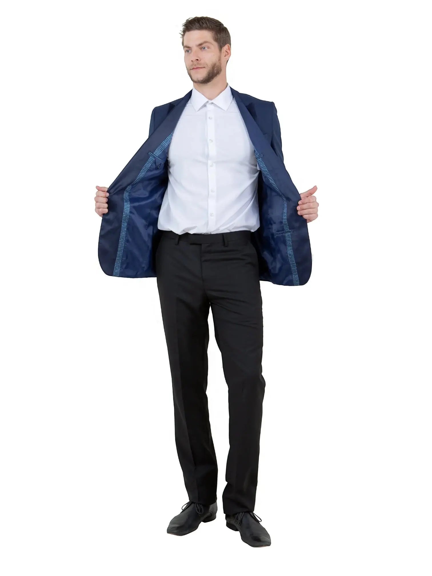 M & R Clothing navy tailored-fit tuxedo jacket with satin peak lapel worn by a man over a white shirt and black pants