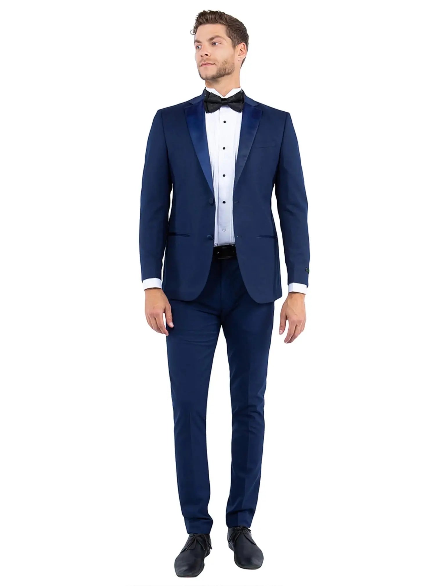 A model wearing a M & R Clothing navy tailored-fit tuxedo jacket with a satin notch lapel and matching trousers.