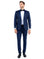 A model wearing a M & R Clothing navy tailored-fit tuxedo jacket with a satin notch lapel and matching trousers.