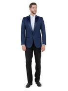 M & R Clothing navy tuxedo jacket with satin peak lapel worn by a man with a white shirt and black trousers