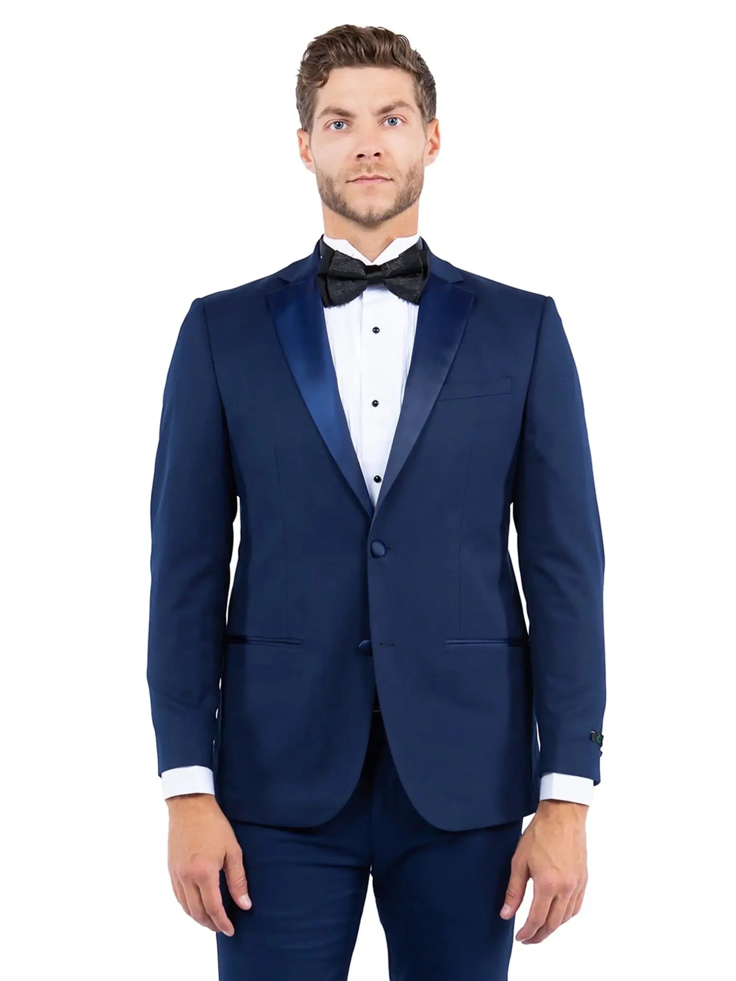 M & R Clothing navy tailored-fit tuxedo jacket with satin notch lapel worn by a man with a black bow tie