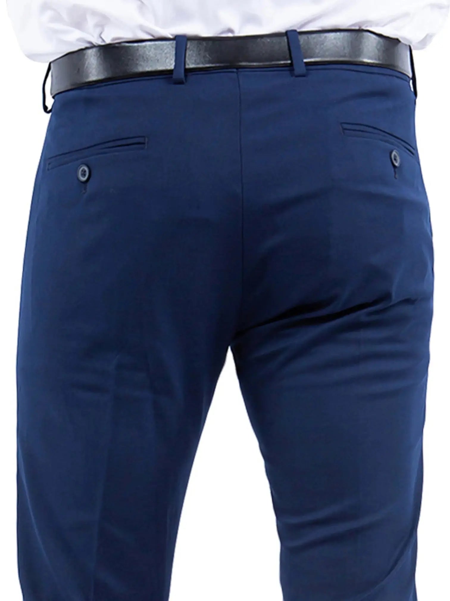 M & R Clothing Zegarie navy blue formal tuxedo dress pants with a black belt, viewed from the back.