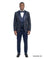 Model wearing a navy Tazio 3-piece velvet and sequin tuxedo suit set with a satin shawl collar from M & R Clothing