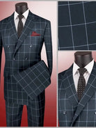 M & R Clothing modern fit double-breasted suit in dark navy with a white window pane pattern and peak lapels.